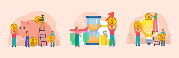 Savings, business income growth concept. Group of people stand near big coins, money, cash, piggy bank. Poster for social media, web page, banner, presentation. Flat design vector illustration