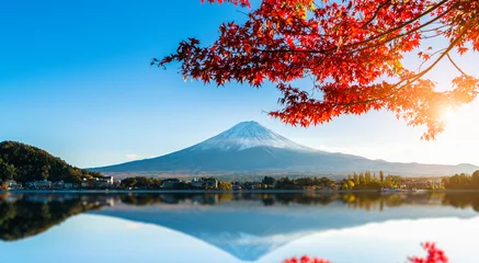 Keuken foto achterwand Fuji Kleurrijk herfstseizoen en berg Fuji met rode bladeren aan het Kawaguchiko-meer in Japan