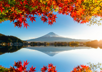 Colorful autumn season and Mountain Fuji with red leaves at lake Kawaguchiko in Japan