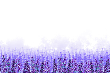 Endless field of lavender flowers with lilac fog on a white background. Hand drawn watercolor. Copy space.