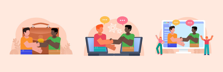 Make deal or agreement online, two businessmen handshake. Poster for social media, web page, banner, presentation. Flat design vector illustration