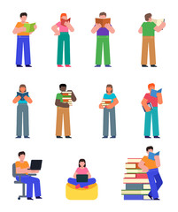 Set of people reading books, education concept. Man and woman standing with book. Flat design vector illustration