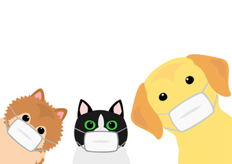 cute cat and dogs with medical masks group