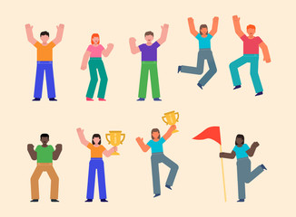 Set of people celebrating victory, jump, pose with golden cup. Win or take first place concept. Flat design vector illustration