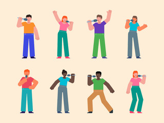 Set of people posing with microphone, karaoke singing. Man and woman on the stage singing, celebrating. Flat design vector illustration