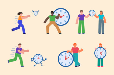 Set of people pose with watches, clocks. Time management concept. Hurry, waste or value your time. Flat design vector illustration