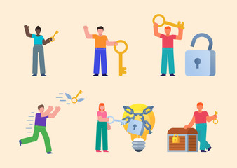 Set of people pose with keys. Find key, solution to problem, idea or treasure chest. Flat design vector illustration