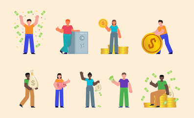 Fototapeta premium Set of people pose with money, cash, coins. Wealth, become rich or win lottery concept. Flat design vector illustration