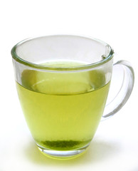 Green tea in a glass mug