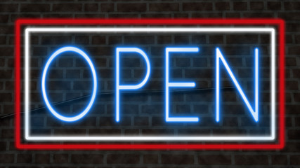 Red, white and blue OPEN neon sign on brick wall