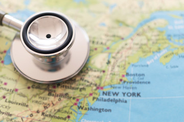 Stethoscope on America map background