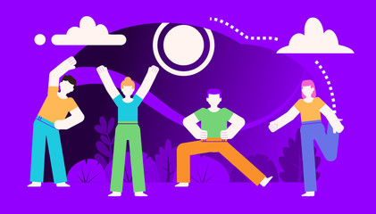 Group of people doing stretching, physical exercises. Poster for social media, web page, banner, presentation. Violet design vector illustration