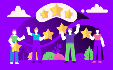 Online review, website feedback, user rating. Group of people hold rating stars. Poster for social media, web page, banner, presentation. Violet design vector illustration