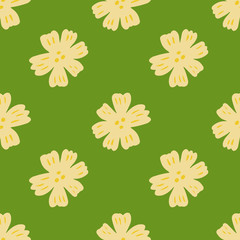 Seamless pattern with chamomile flowers on green background. Daisy pattern in doodle style. Ditsy floral wallpaper.