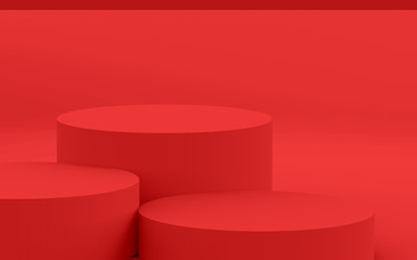 3d red cylinder podium minimal studio background. Abstract 3d geometric shape object illustration render. Display for summer holiday product.