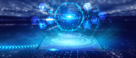 Businessman presses button facility management on virtual screens. Business, Technology, Internet...