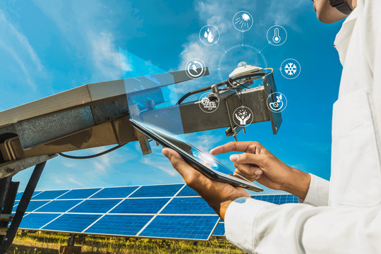 Engineers inspect the pyranometer by laptop for making sure the installation and sunshine degree is correct, the concept of ​​using holographic technology for future industrial work