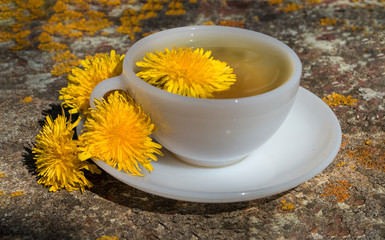 Fresh homemade detox tea from dandelions on a metal table in the garden