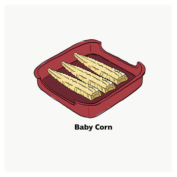 Baby Corn Drawing Illustration Vector. Bbq Grill. Hot Pot Ingredient