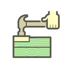 Wood floor installation and tool or equipment vector icon. Consist of hammer, tapping block, wood floor and carpenter. To improvement, repair, renovation or construction of wooden floor.