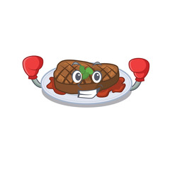 A sporty boxing athlete mascot design of grilled steak with red boxing gloves
