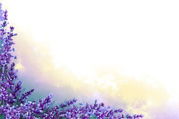 Endless field of lavender flowers with lilac fog on a white background. Hand drawn watercolor. Copy space.