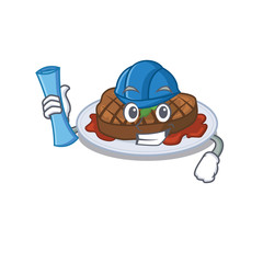 Cartoon character of grilled steak brainy Architect with blue prints and blue helmet
