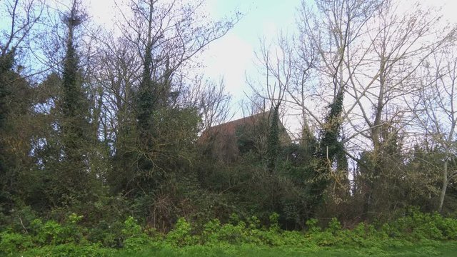 The roof of the Stone Church is visible behind the trees