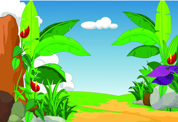 Fototapeta na wymiar Landscaoe Grass Field View With Banana Trees Cartoon Vector Illustration