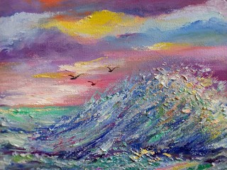 oil painting  thailand art  wave  sea birds  sky ,   windy seashore