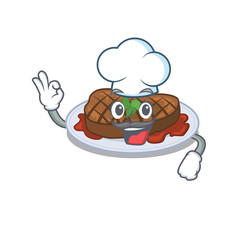 grilled steak chef cartoon design style wearing white hat