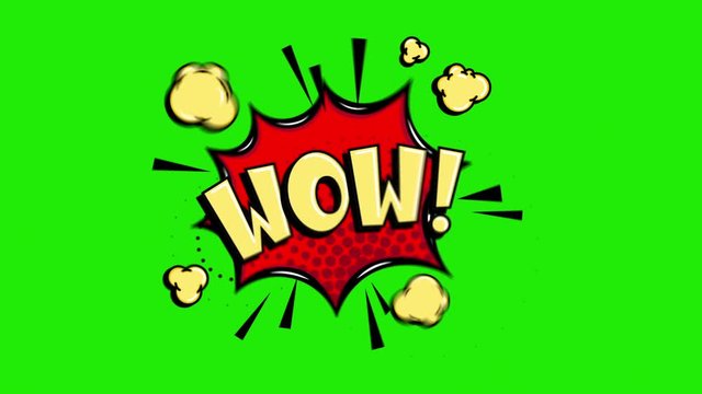 A comic strip speech cartoon animation with an explosion shape. Words are wow With green background.