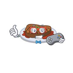 Mascot design concept of grilled steak gamer using controller