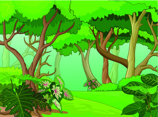 Fototapeta premium Piękny krajobraz lasu widok z drzew i roślin bluszczu kreskówka