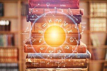 Horoscope astrology zodiac illustration with old book