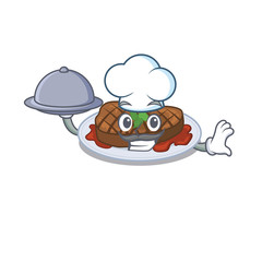 grilled steak chef cartoon character serving food on tray