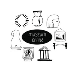 Hand drawn museum online element in black lines. Vector illustration.