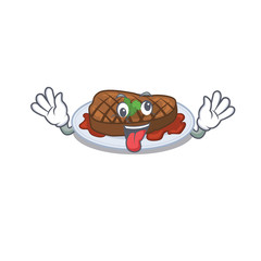 A cartoon design of grilled steak having a crazy face