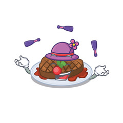 An attractive grilled steak cartoon design style playing juggling