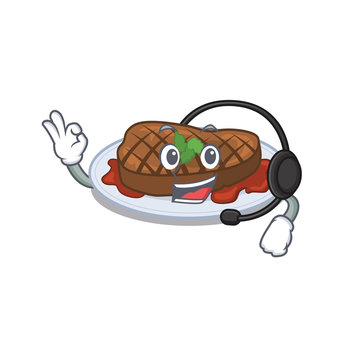 A gorgeous grilled steak mascot character concept wearing headphone
