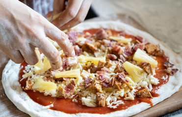 Bacon and cheese pizza  preparing for bake in stove , selective focus