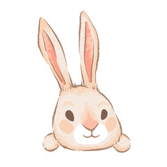 Cute rabbit with pink ears peeps cheerfully. Curious rabbit face. Element for easter design. Imitation of handmade watercolor