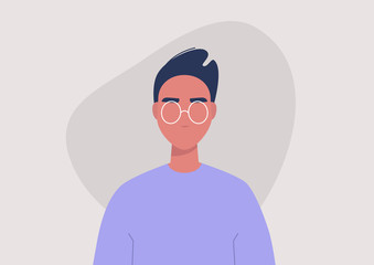 Young male character portrait, front view, millennial lifestyle, flat vector graphics