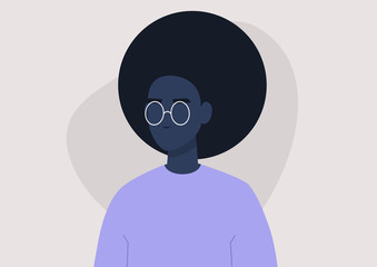 Young black female character portrait, 3/4 front view, millennial lifestyle, flat vector graphics