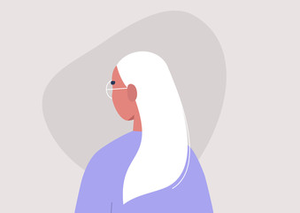 Young female character portrait, 3/4 back view, millennial lifestyle, flat vector graphics