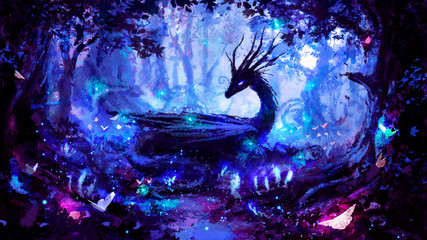 A beautiful black dragon in a night forest, peacefully lying in a clearing, surrounded by many trees, fireflies, and luminous plants, painted with imitation oil. 2d illustration. - obrazy, fototapety, plakaty