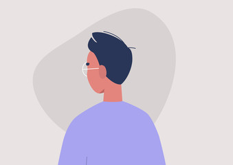 Young male character portrait, 3/4 back view, millennial lifestyle, flat vector graphics