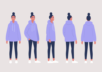 Young female character poses collection: front, side and back views