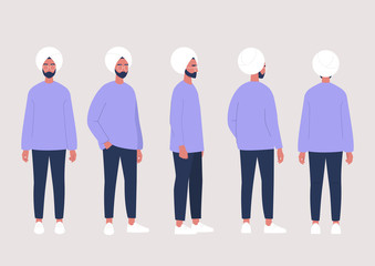 Young indian male character poses collection: front, side and back views