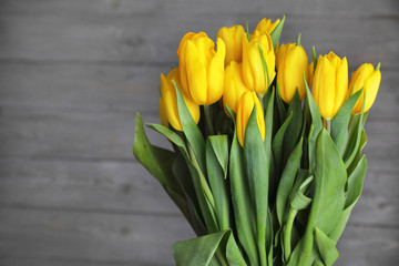 Bouquet of yellow tulips .  Bright fresh flowers for your favorite on the background of a gray Board . space for text .